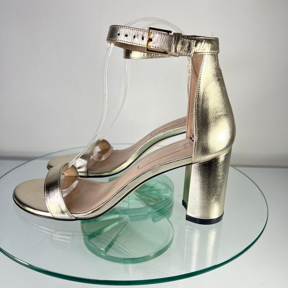 Stuart Weitzman Nudist Heel Sandals Gold Ankle Strap Open Toe Block - Picture 4 of 9